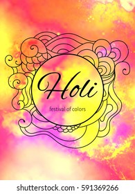 Holi traditional indian ethnic festival of colors poster with mehndi ornament and frame with copy space in front of colorful yellow, pink and orange splashes.