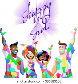 Holi vector background of Traditional Holi. characters - guys and girls, Holiday of spring, colourful illustration