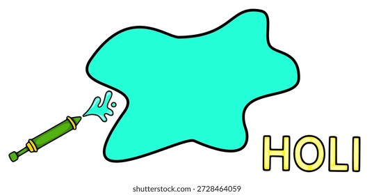 Banner vetor Holi com cor azul-turquesa splash e ilustração com pistola de água