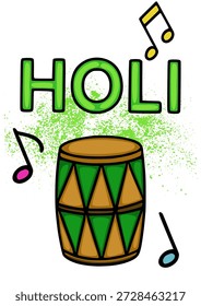 Vetor Holi ilustração de um tambor Dhol com notas musicais e mancha verde