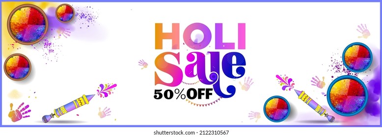 Holi website banner poster for sale and promotion template design. Indian Festival of Colors celebration with text special holi sale.