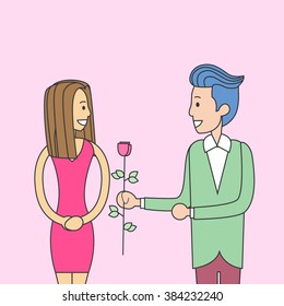 Holiday 8 March Couple Man Give Woman Rose Flower Thin Line Vector Illustration
