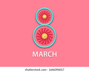 Holiday 8 March, International Womens Day. Festive postcard, poster and banner. Composition with red marmalade flowers inside digit 8 and funny emoji faces. Minimalist design, vector illustration