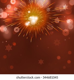 Holiday abstract background with firework and bokeh. Light red blur background for christmas with snowflakes. Abstract background with bokeh. Can be use for new year, christmas or night party