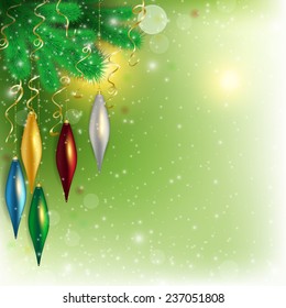 Holiday abstract background with tree toys with flecks of glitter and tinsel