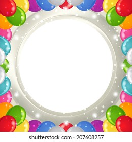 Holiday abstract background for web design with colorful balloons frame and round window on white wall. Eps10, contains transparencies. Vector
