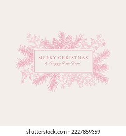 Holiday abstract botanical card with rectangle banner frame. Botanical vector illustration with fir and pine branches and cones. White background and pink greeting.
