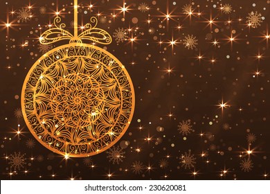 Holiday abstract Christmas background with snowflakes, ball,  shiny stars in gold color. New year lights, starry sky 