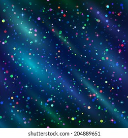 Holiday abstract seamless background for web design with color confetti in space with dark blue sky, stars and color cosmic rays. Eps10, contains transparencies. Vector