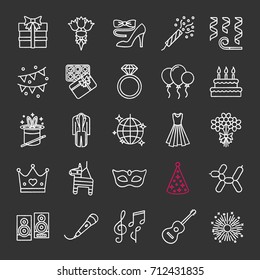 Holiday accessories chalk icons set. Birthday party items. Celebration. Isolated vector chalkboard illustrations