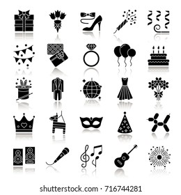 Holiday accessories drop shadow black glyph icons set. Birthday party items. Celebration. Isolated vector illustrations