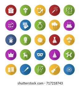 Holiday accessories flat design long shadow glyph icons set. Birthday party items. Celebration. Vector silhouette illustration
