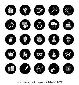 Holiday accessories glyph icons set. Birthday party items. Celebration. Vector white silhouettes illustrations in black circles