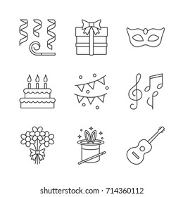 Holiday Accessories Linear Icons Set. Thin Line Contour Symbols. Garlands, Whistle, Carnival Mask, Gift Box, Birthday Cake, Bunch Of Flowers, Magic Trick, Guitar. Isolated Vector Outline Illustrations