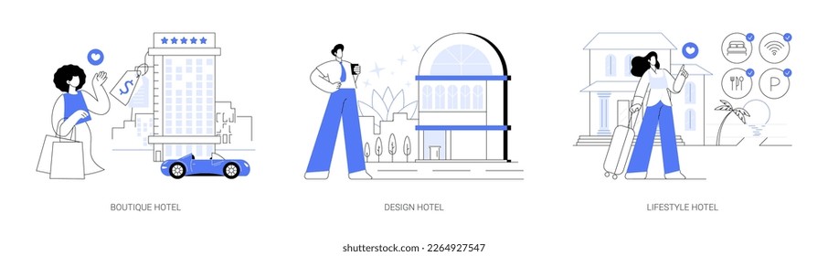 Holiday accommodation abstract concept vector illustration set. Boutique and design hotels, lifestyle cutting-edge resort, online booking, guest review, sea shore wellness and spa abstract metaphor.