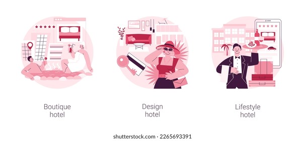 Holiday accommodation abstract concept vector illustration set. Boutique and design hotels, lifestyle cutting-edge resort, online booking, guest review, sea shore wellness and spa abstract metaphor.