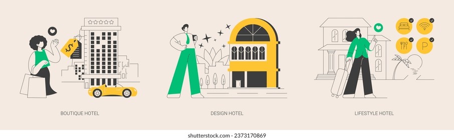 Holiday accommodation abstract concept vector illustration set. Boutique and design hotels, lifestyle cutting-edge resort, online booking, guest review, sea shore wellness and spa abstract metaphor.