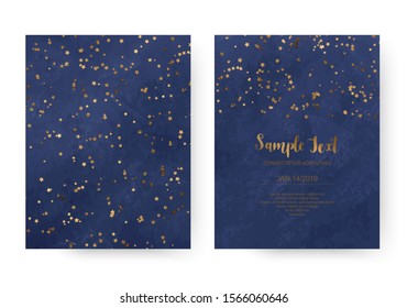 Holiday acrylic navy blue celebration invitation cards with gold stars confetti.