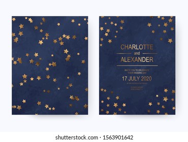 Holiday acrylic navy blue wedding invitation cards with gold stars confetti.