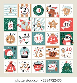 Holiday advent calendar. Christmas poster with funny numbers. New Year characters and decorations. Santa present. Penguin and snowman. Xmas celebration waiting. Garish