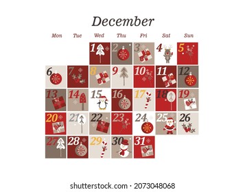 holiday advent calendar for december. winter illustration in flat style