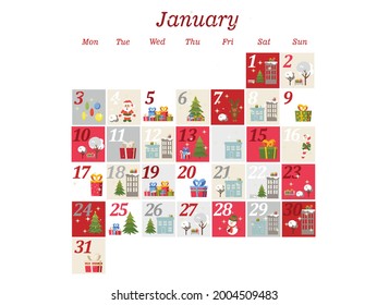 holiday advent calendar for january. winter illustration in flat style