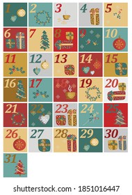 holiday advent calendar. winter illustration in flat style