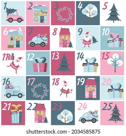 holiday advent calendar. winter illustration in flat style
