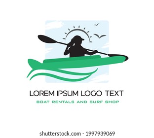 Holiday, adventure, sea surf and kayak boating based logo vector illustration with dummy text on white background.