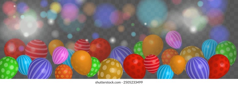 Festiva. Globos de colores de aire con bokeh multicolor colorido. Sobre un fondo transparente. Vector.