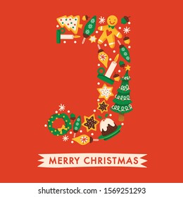 Holiday Alphabet collection for card design : Christmas elements forming a shape of letter J : Vector Illustration
