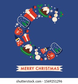 Holiday Alphabet collection for card design : Christmas elements forming a shape of letter C : Vector Illustration