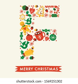 Holiday Alphabet collection for card design : Christmas elements forming a shape of letter F : Vector Illustration