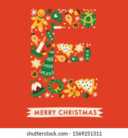 Holiday Alphabet collection for card design : Christmas elements forming a shape of letter E : Vector Illustration