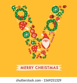 Holiday Alphabet collection for card design : Christmas elements forming a shape of letter V : Vector Illustration