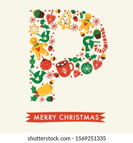 Holiday Alphabet collection for card design : Christmas elements forming a shape of letter P : Vector Illustration