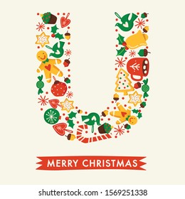 Holiday Alphabet collection for card design : Christmas elements forming a shape of letter U : Vector Illustration