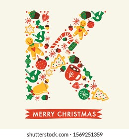 Holiday Alphabet collection for card design : Christmas elements forming a shape of letter K : Vector Illustration