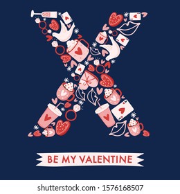 Holiday Alphabet collection for card design : Valentine elements forming a shape of letter X : Vector Illustration