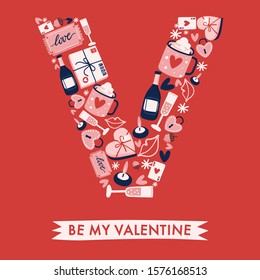 Holiday Alphabet collection for card design : Valentine elements forming a shape of letter V : Vector Illustration