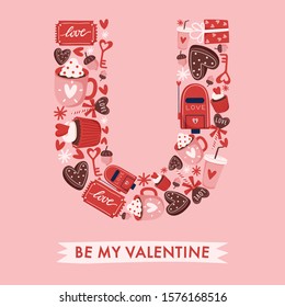 Holiday Alphabet collection for card design : Valentine elements forming a shape of letter U : Vector Illustration