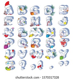 Holiday alphabet. Happy New Year and Merry Christmas. Animated white and blue letters covered with snow, decorated with a Santa Claus hat, felt boots, boots, Christmas tree branches,
stars, confetti, 