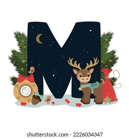 Holiday alphabet. The letter "M" with festive elements. Vector graphics.