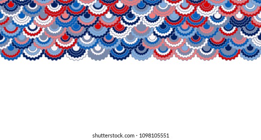 Holiday american flag ribbons bunting decoration. Patriotic USA red blue white background. Bright pattern in american colors, 4th July Independence Day striped border horizontal vector background