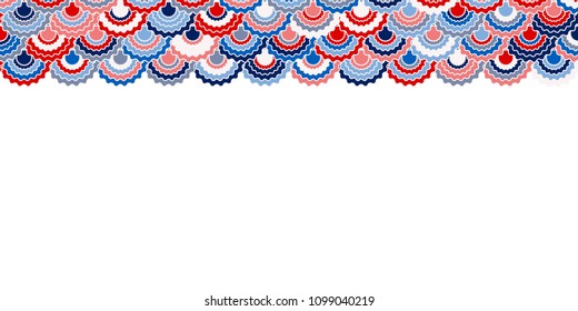 Holiday american flag ribbons bunting decoration. Patriotic USA red blue white background. Bright pattern in american colors, memorial or Independence Day ribbons border vector background.