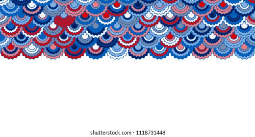 Holiday american flag ribbons bunting decoration. Patriotic USA red blue white background. Bright pattern in american colors, memorial or Independence Day striped border horizontal vector background