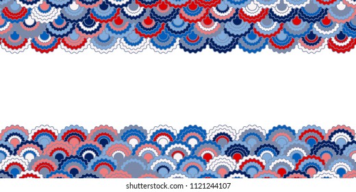 Holiday american flag ribbons bunting decoration. Patriotic USA red blue white background. Bright pattern in american colors, 4th July Independence Day ribbons decor background.