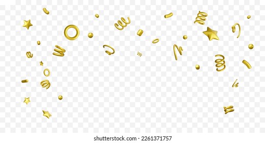 Holiday and anniversary confetti background. Falling gold decor elements stars and spirals. Design template for birthday party and other celebrations invitation. Vector illustration 