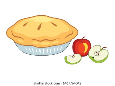 Holiday Apple Pie. Pie On Plate And Apples Vector Illustration Isolated On White.