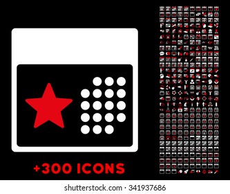 Holiday Appointment vector pictogram with additional 300 date and time management icons. Style is bicolor flat symbols, red and white colors, rounded angles, black background.